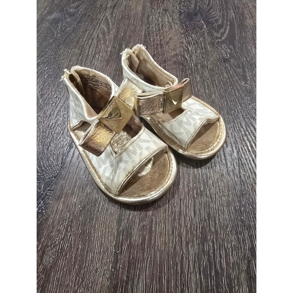 Michael Kors Baby Doll T-888 White Gold MK Logo Bow Sandals Infant Size 2